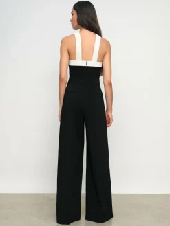 New Reiss Black/Cream Cliona Colour-Block Halter Wide-Leg Jumpsuit