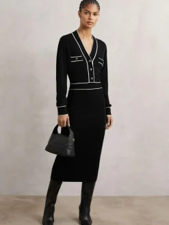 Reiss Black/Ivory Lorrie Wool-Blend Tipped Dress With Cashmere^Women Midi Dresses|Knitwear