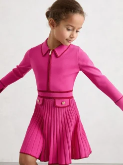 Hot Reiss Anne 9-13 yrs Pleated Tipped Knit Dress Bright Pink