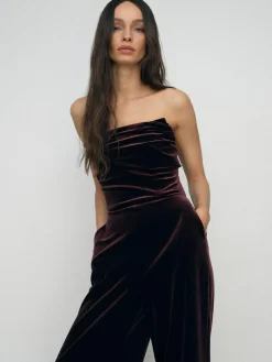 Discount Reiss Burgundy Andria Petite Velvet Drape Strapless Jumpsuit