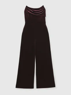 Discount Reiss Burgundy Andria Petite Velvet Drape Strapless Jumpsuit