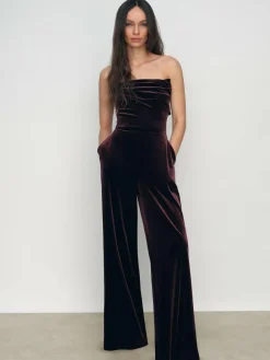Discount Reiss Burgundy Andria Petite Velvet Drape Strapless Jumpsuit