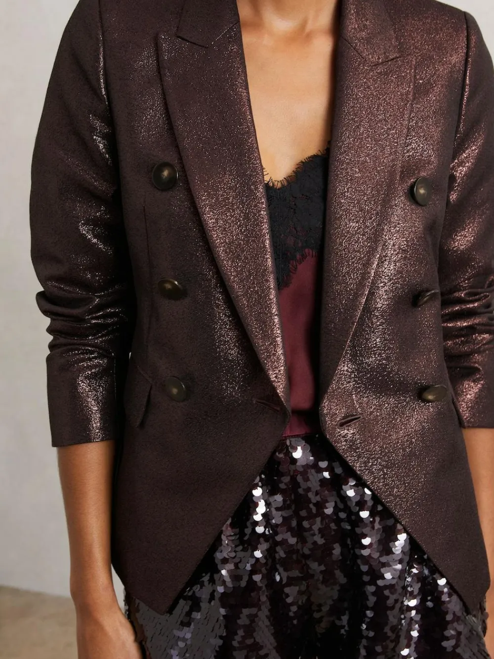 Reiss Sienna Double-Breasted Metallic Suit Blazer with Cotton^Women Blazers|Suits & Tailoring