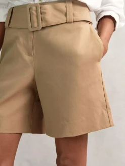 Discount Reiss Camel Harper Cotton-Blend Belted Shorts With Linen