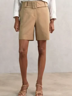 Discount Reiss Camel Harper Cotton-Blend Belted Shorts With Linen