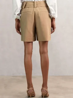 Discount Reiss Camel Harper Cotton-Blend Belted Shorts With Linen