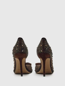 Clearance Reiss Emily Crystal-Embellished Mesh Court Shoes Chocolate