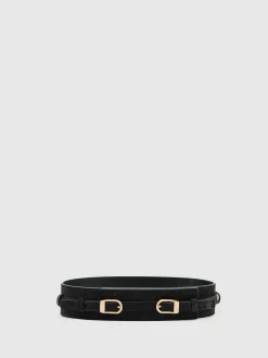 Clearance Reiss Chocolate Petula Suede Double-Buckle Corset Waist Belt