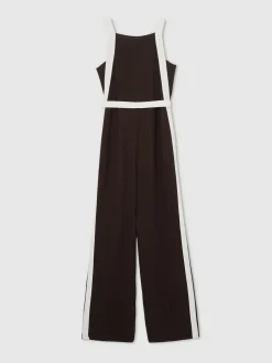 Outlet Reiss Salma Colourblock Wide Leg Belted Jumpsuit Chocolate/Cream