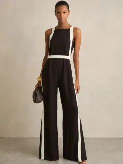 Outlet Reiss Salma Colourblock Wide Leg Belted Jumpsuit Chocolate/Cream