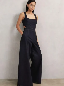 Reiss Dark Blue Dionna Wide-Leg Cut-Out Denim Jumpsuit^Women Jumpsuits & Playsuits