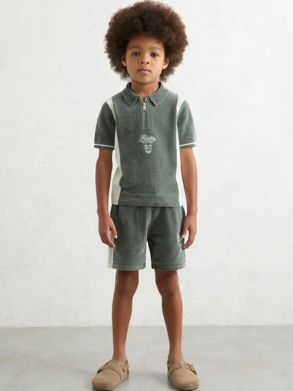 Reiss Dark Sage Green/White Trenton 3-9 yrs Chenille Tipped Motor Cars Shorts