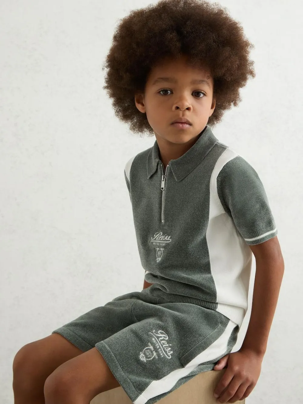 Reiss Dark Sage Green/White Trenton 3-9 yrs Chenille Tipped Motor Cars Shorts