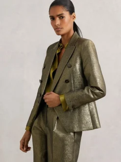 Clearance Reiss Sienna Petite Double-Breasted Metallic Suit Blazer with Cotton Gold