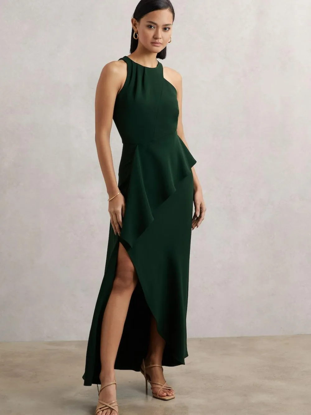 Discount Reiss Green Gabriella Ruffled Slash-Detail Maxi Dress