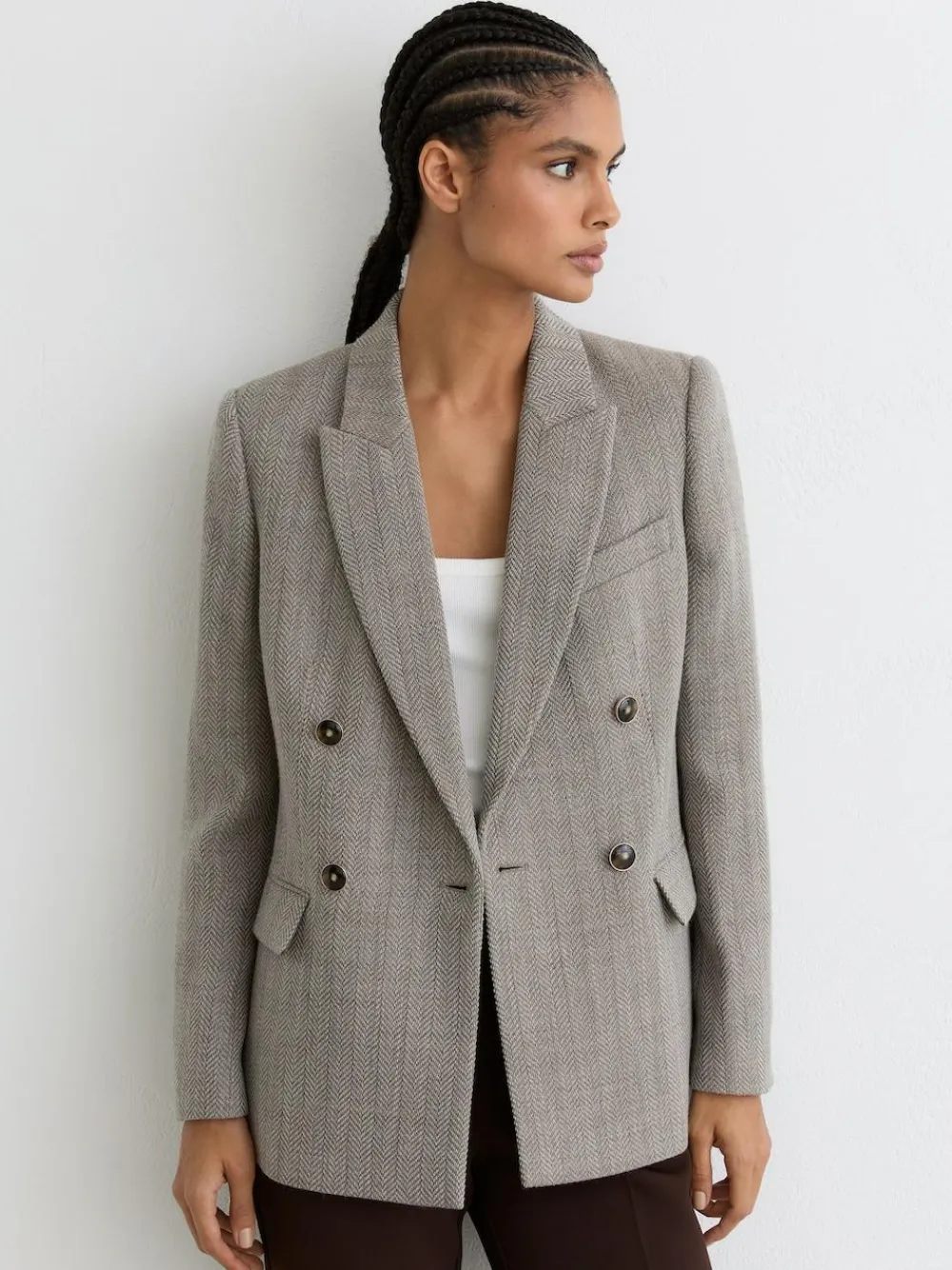Reiss Grey Ember Herringbone Double-Breasted Blazer Wool-Cotton^Women Suits & Tailoring|Blazers
