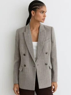 Reiss Grey Ember Petite Herringbone Double-Breasted Blazer Wool-Cotton