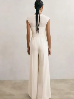 Reiss Ivory Alba Petite Sheer-Panel Wide-Leg Belted Jumpsuit^Women Jumpsuits & Playsuits