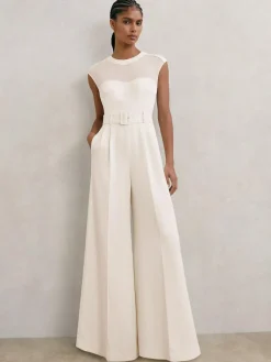 Reiss Ivory Alba Sheer-Panel Wide-Leg Belted Jumpsuit^Women Jumpsuits & Playsuits