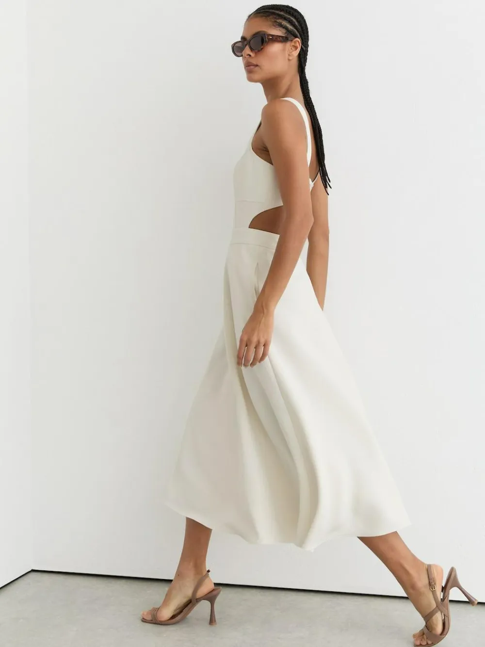 Discount Reiss Dina Waisted Cut-Out Twill Midi Dress Ivory