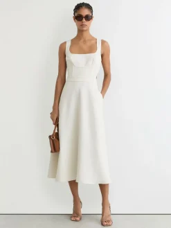 Discount Reiss Dina Waisted Cut-Out Twill Midi Dress Ivory