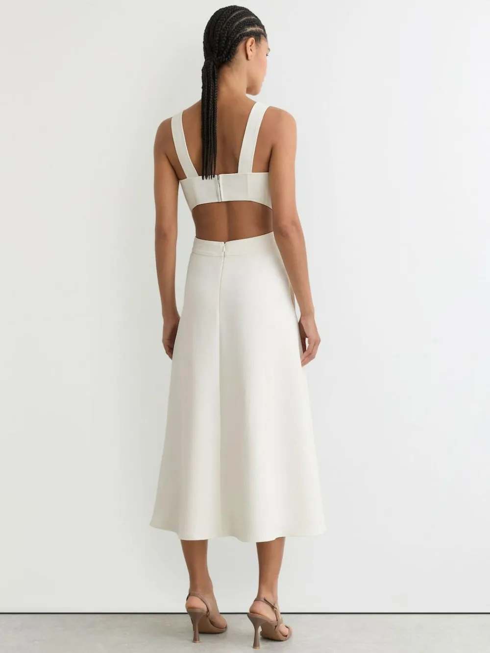 Discount Reiss Dina Waisted Cut-Out Twill Midi Dress Ivory
