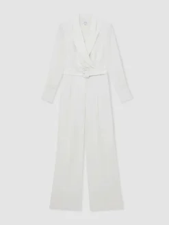 Reiss Ivory Flora Sheer-Sleeve Wide-Leg Tuxedo Jumpsuit^Women Jumpsuits & Playsuits