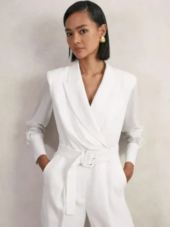 Reiss Ivory Flora Sheer-Sleeve Wide-Leg Tuxedo Jumpsuit^Women Jumpsuits & Playsuits