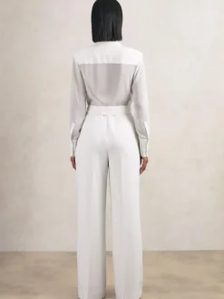 Reiss Ivory Flora Sheer-Sleeve Wide-Leg Tuxedo Jumpsuit^Women Jumpsuits & Playsuits