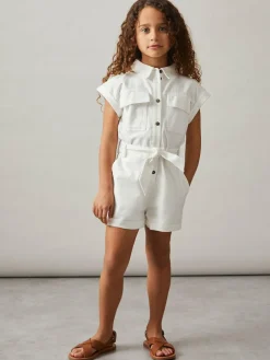 Clearance Reiss Ivory Zoe 4-9 yrs Cotton-Linen Belted Playsuit