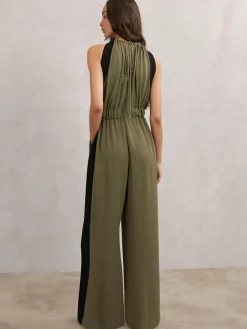 Reiss Khaki Green/Black Inez Colourblock Gathered Wide-Leg Jumpsuit^Women Jumpsuits & Playsuits