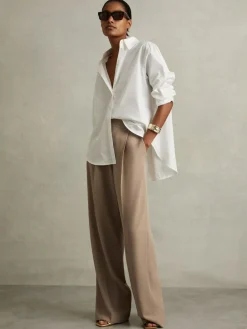 New Reiss Eden Elasticated-Waist Wide-Leg Twill Trousers Mink Neutral