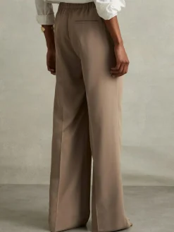 New Reiss Eden Elasticated-Waist Wide-Leg Twill Trousers Mink Neutral