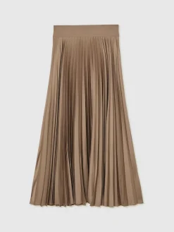 Reiss Seren Pleated Midi Skirt Mocha Brown