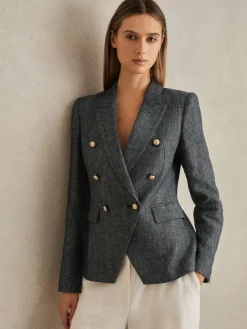 Reiss Navy Baker Linen-Cotton Double-Breasted Blazer^Women Blazers