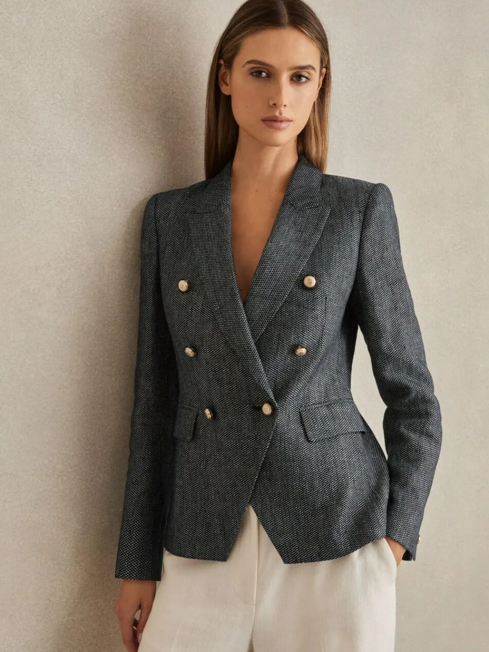 Reiss Navy Baker Linen-Cotton Double-Breasted Blazer^Women Blazers