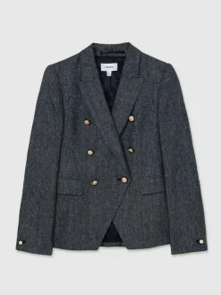 Reiss Navy Baker Linen-Cotton Double-Breasted Blazer^Women Blazers