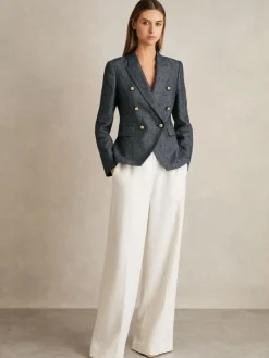 Reiss Navy Baker Linen-Cotton Double-Breasted Blazer^Women Blazers