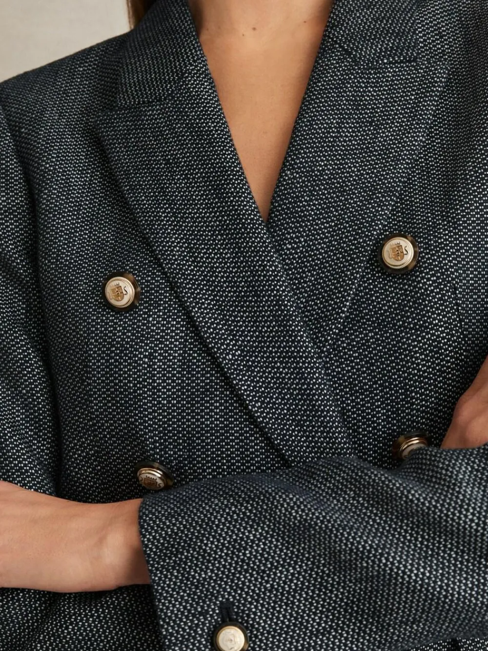 Reiss Navy Baker Linen-Cotton Double-Breasted Blazer^Women Blazers