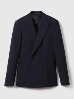 Discount Reiss Navy Belmont Db Double-Breasted Textured Suit Blazer Tailored-Fit With Wool