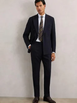 Discount Reiss Navy Belmont Db Double-Breasted Textured Suit Blazer Tailored-Fit With Wool