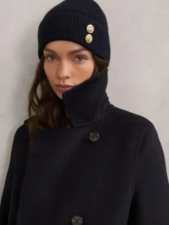 New Reiss Navy Bianca Merino Wool Blend Button Beanie With Cashmere