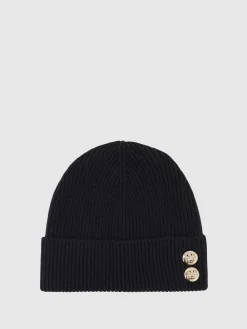 New Reiss Navy Bianca Merino Wool Blend Button Beanie With Cashmere