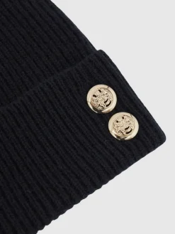 New Reiss Navy Bianca Merino Wool Blend Button Beanie With Cashmere
