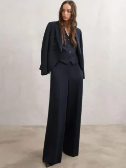 New Reiss Gabi Wide-Leg Suit Trousers Navy