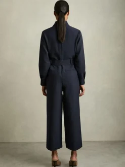 New Reiss Navy Kaia Tailored Wide Leg Utility Jumpsuit