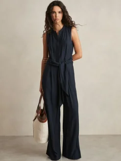 Reiss Navy Raven Wide-Leg Belted Jumpsuit^Women Jumpsuits & Playsuits