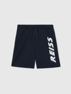 New Reiss Navy Terek 9-13 yrs Cotton Logo-Print Drawstring Shorts