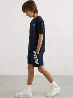 New Reiss Navy Terek 9-13 yrs Cotton Logo-Print Drawstring Shorts