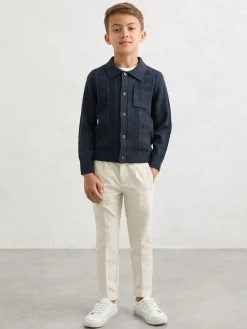 Reiss Tumnus 9-13 yrs Stitch-Detail Polo-Collar Cardigan Cotton-Blend Navy